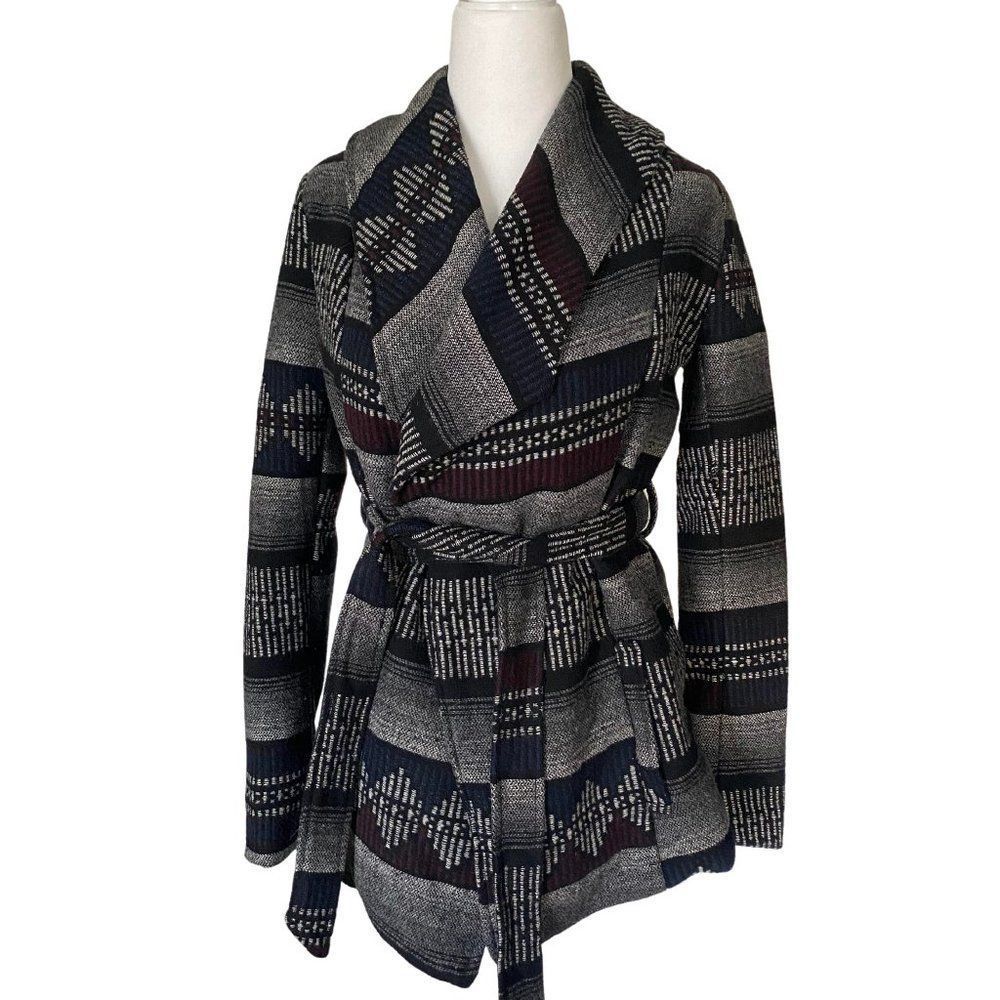 Belted Black & Gray Patterned Shawl Collar Women's Coat